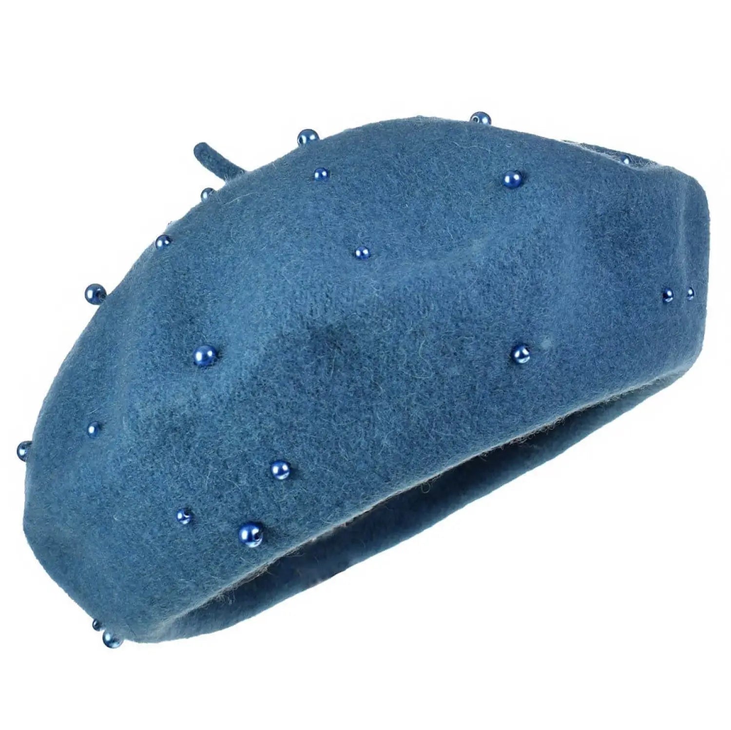Blue beret with imitation pearl embellishment.