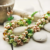 Green bead bracelet with flower charm, part of Pearl Bead Earring and Necklace Set Statement Jewellery