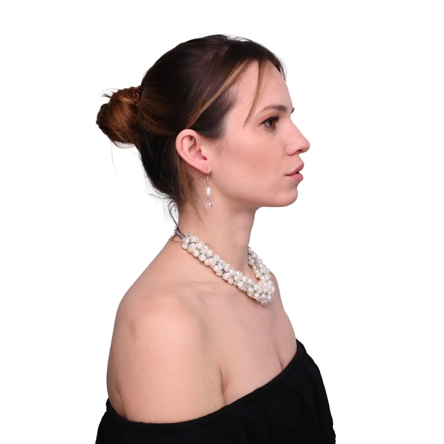 Woman wearing pearl bead necklace and earring set from Pearl Bead Earring and Necklace Set Statement Jewellery.