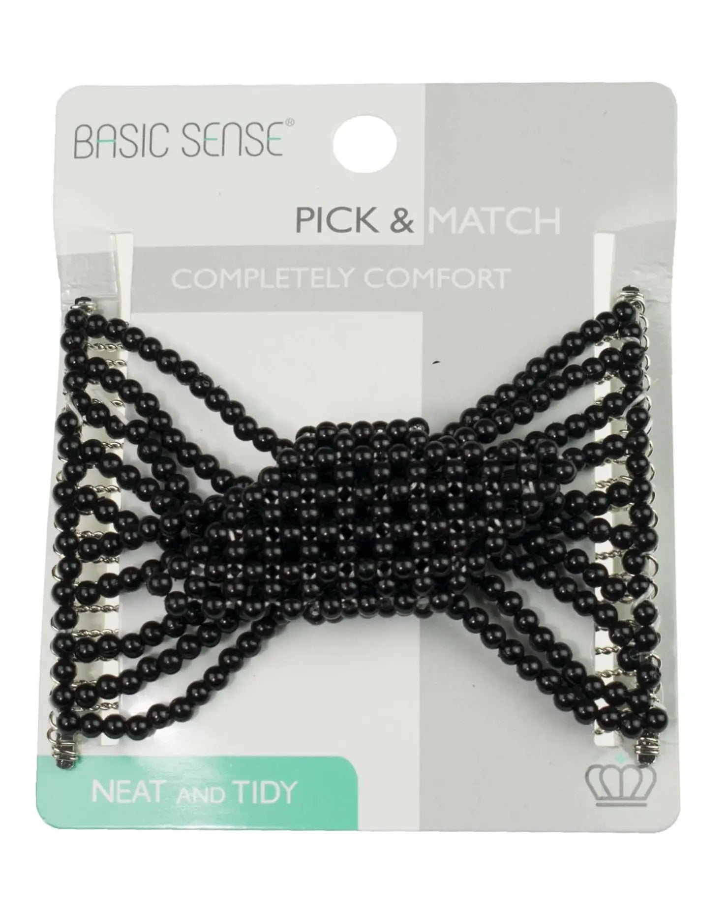 Black bow hair clip displayed on Pearl Beads Hair Combs.