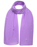 Purple chiffon scarf with pearls and pearl attachments.