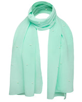 Pearl chiffon scarf with pearl attachments displayed in mint green