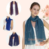 Woman wearing blue pearl chiffon scarf with white stars attached