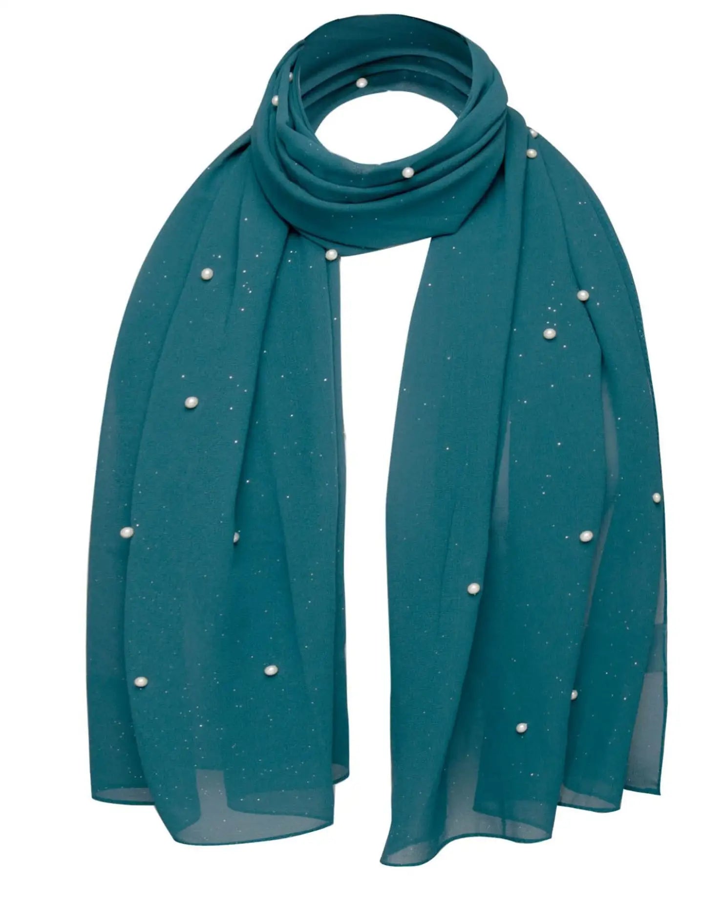 Teal green chiffon scarf with pearls - Pearl Chiffon Scarf with Durable Pearl Attachments