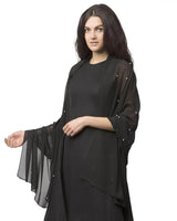 Woman in black dress and jacket with Pearl-Embellished Chiffon Shawl