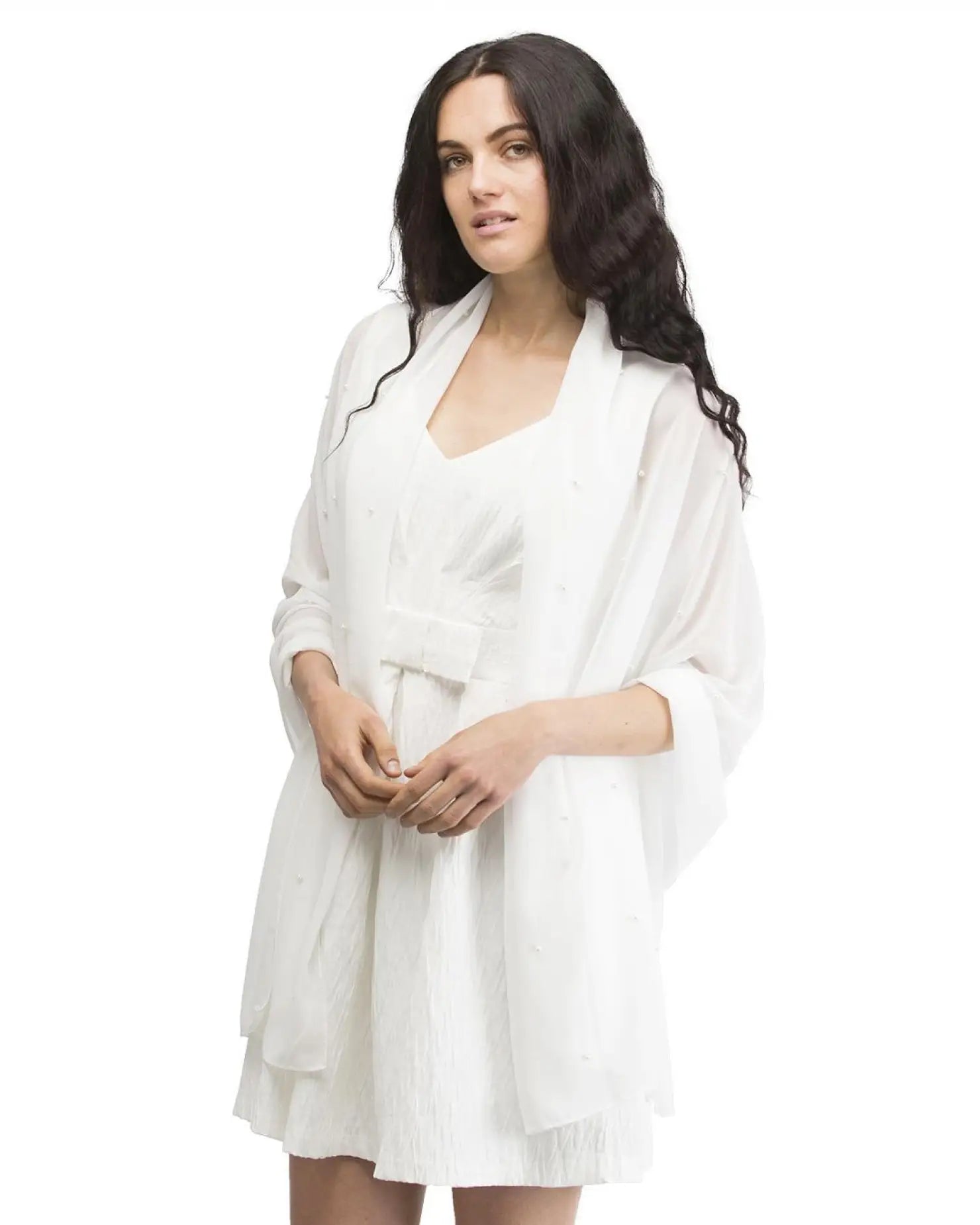 Woman in white pearl embellished chiffon robe, versatile and oversized wrap scarf