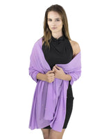 Woman wearing purple scarf with pearls - Pearl-Embellished Chiffon Shawl