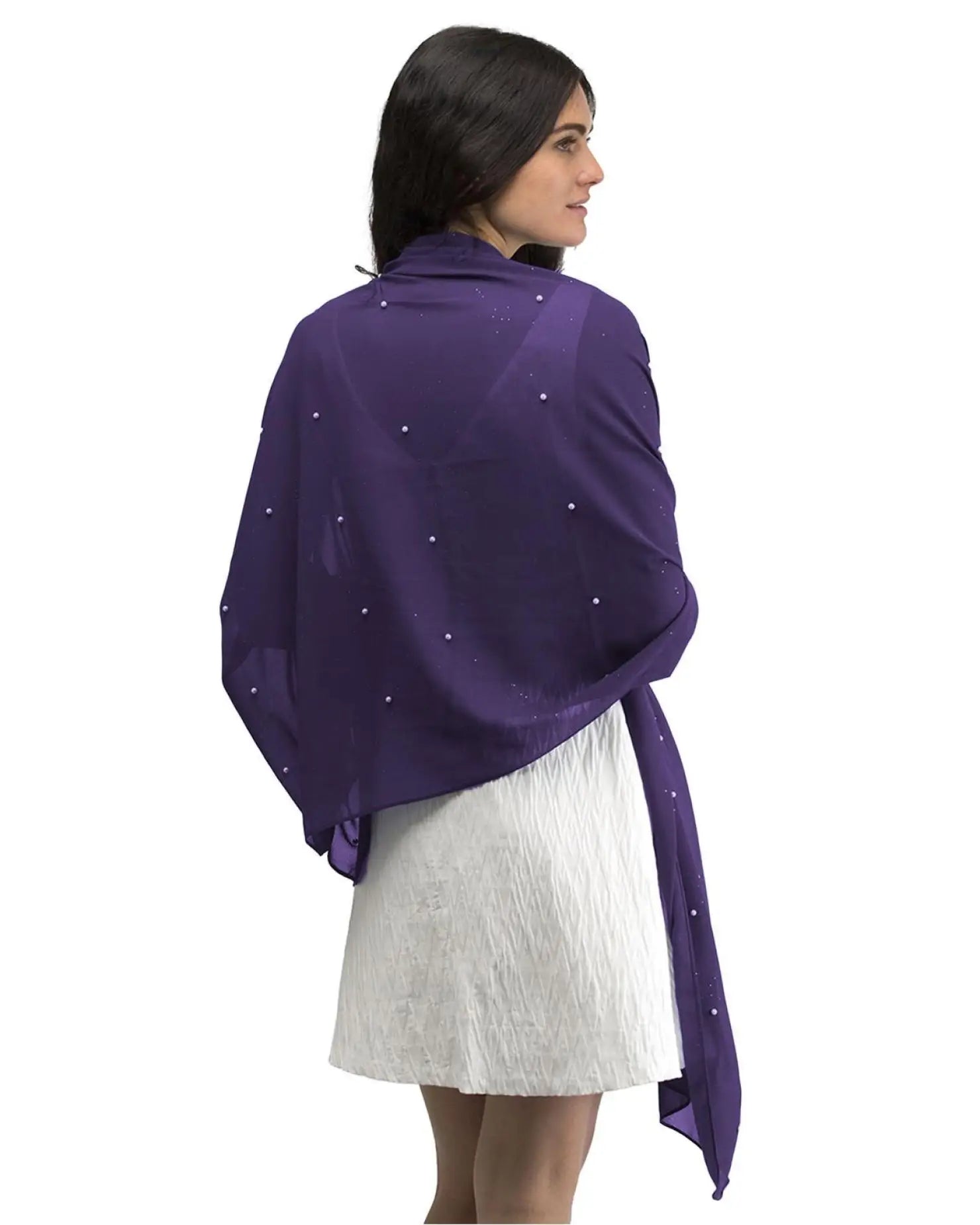 Woman wearing pearl-embellished chiffon shawl in purple