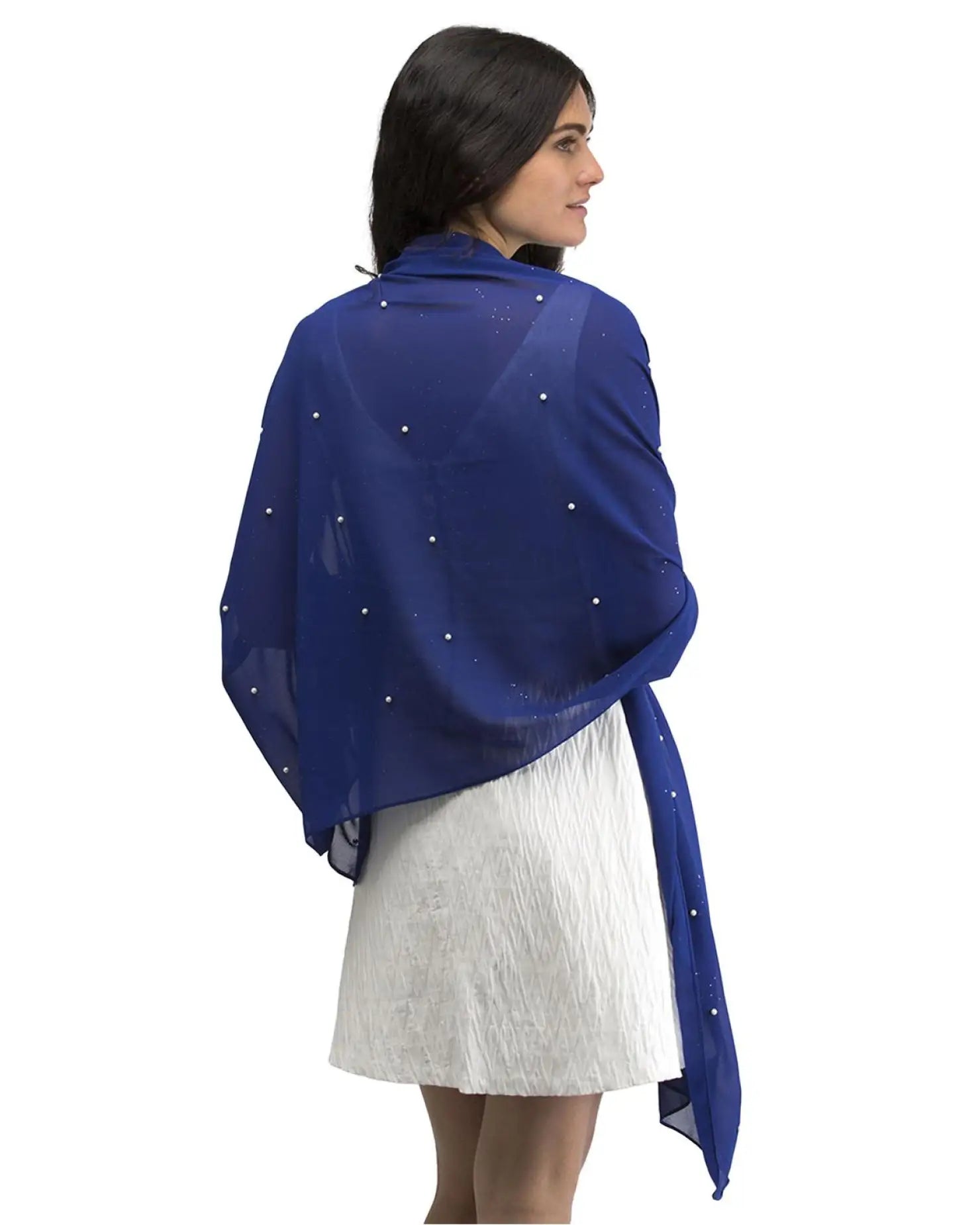 Woman wearing blue pearl embellished chiffon shawl scarf