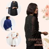 Woman in black top and white shorts wearing Pearl-Embellished Chiffon Shawl