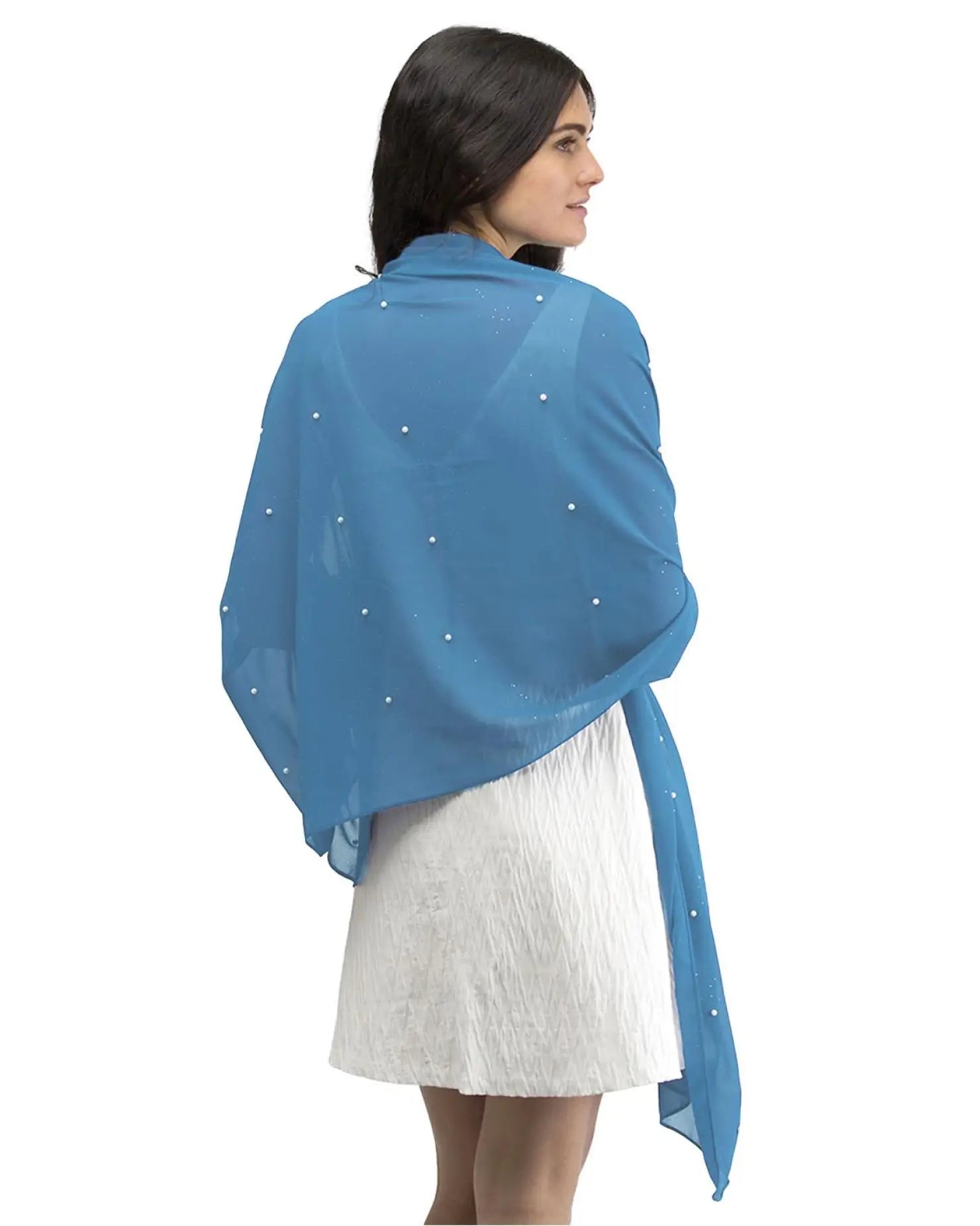 Woman wearing blue pearl-embellished chiffon shawl