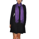 Woman wearing purple scarf in Plain 100% Cotton Textured Woven Scarf