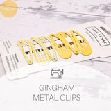 Plain and Gingham School Girl Hair Pins Set - Yellow Gingham Metal Clips, 6pcs