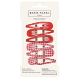 Close-up of Plain and Gingham School Girl Hair Pins Set - 6pcs, red and white metal hairpins