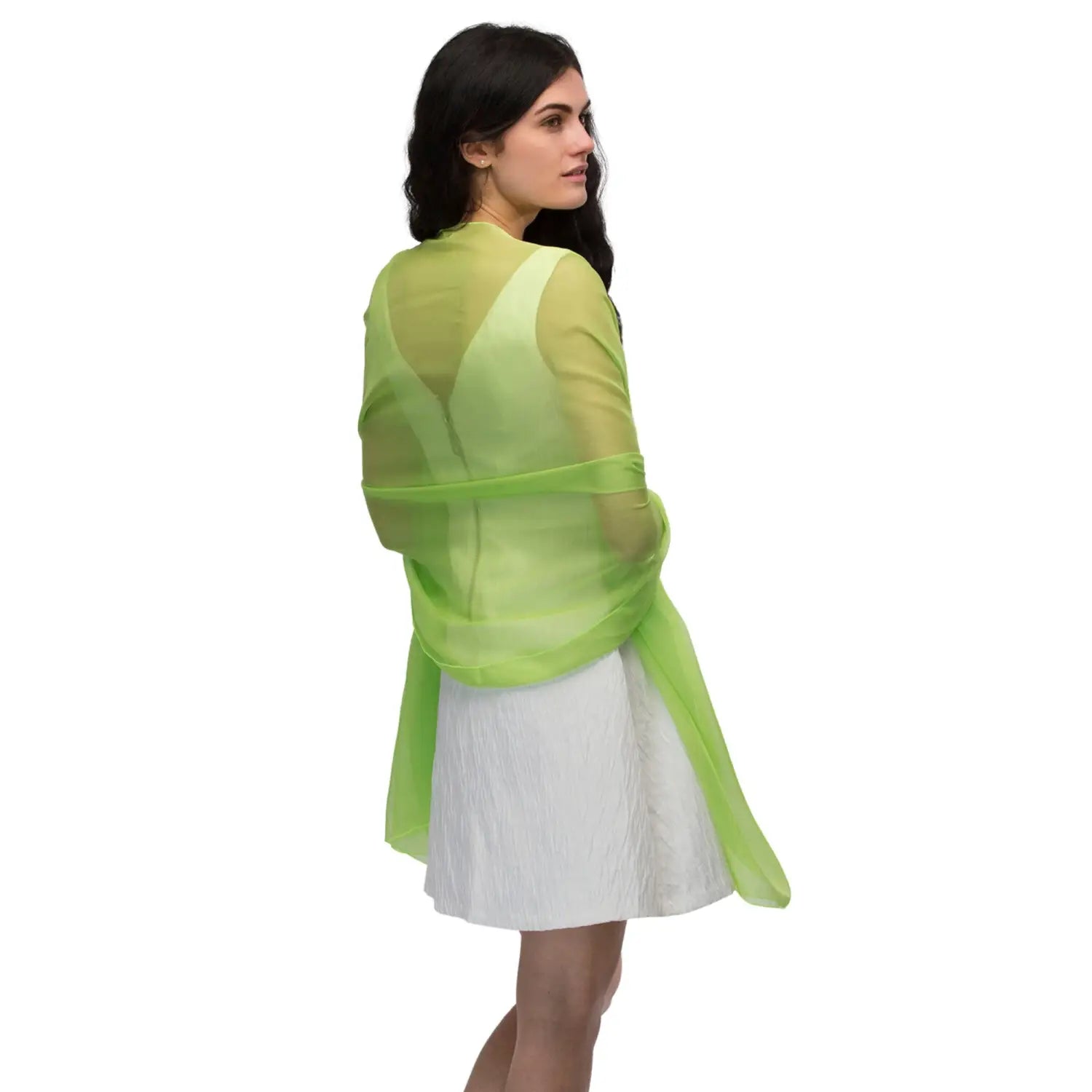 Woman in green blouse and white skirt wearing Plain Chiffon Shawl Semi-Opaque - Versatile Scarf.