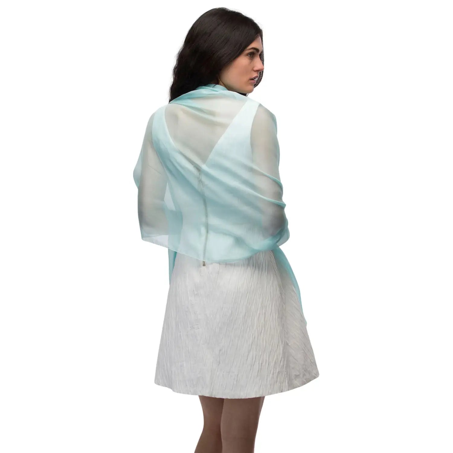 Woman wearing blue and white chiffon shawl - Plain Chiffon Shawl Semi-Opaque