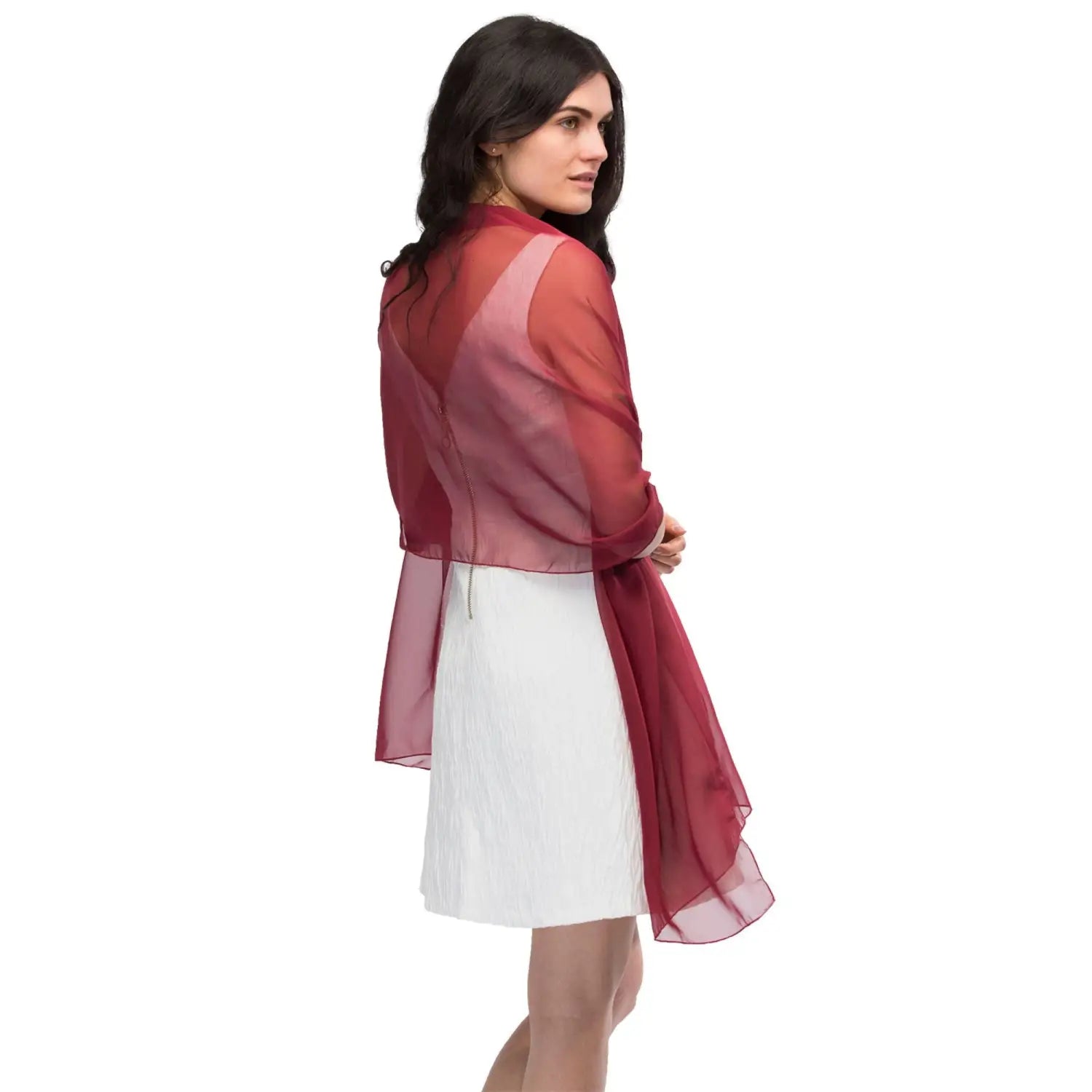 Woman in red blouse and white skirt wearing Plain Chiffon Shawl Semi-Opaque - Versatile Scarf