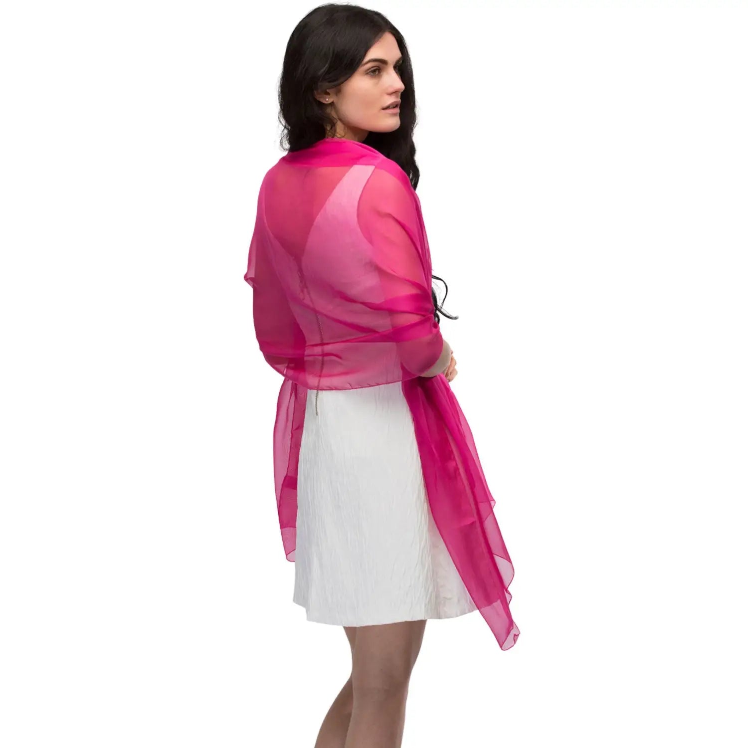 Woman in versatile Plain Chiffon Shawl Semi-Opaque - pink sheerer.