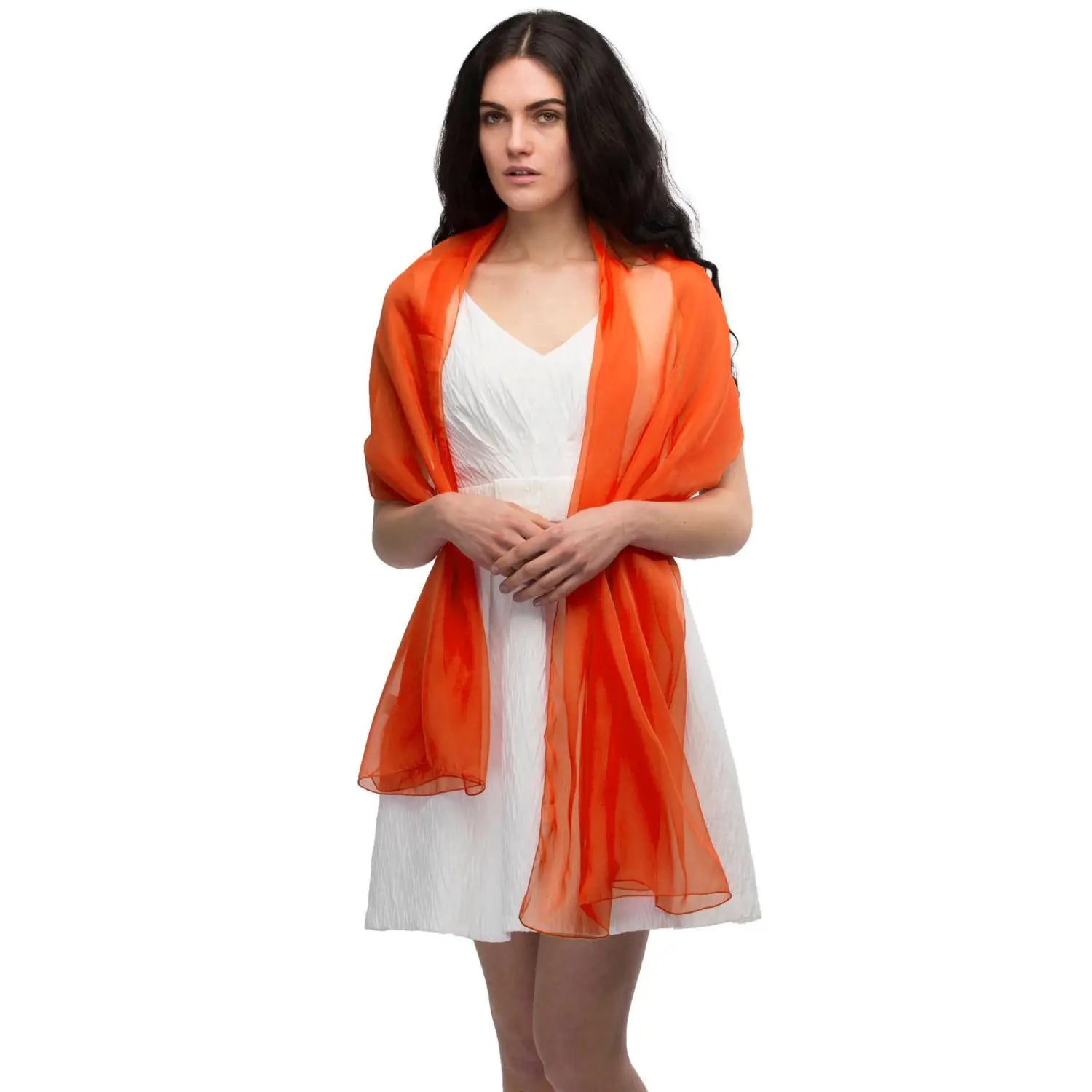 Beautiful woman wearing an orange chiffon shawl from Plain Chiffon Shawl Semi-Opaque - Versatile Scarf collection.
