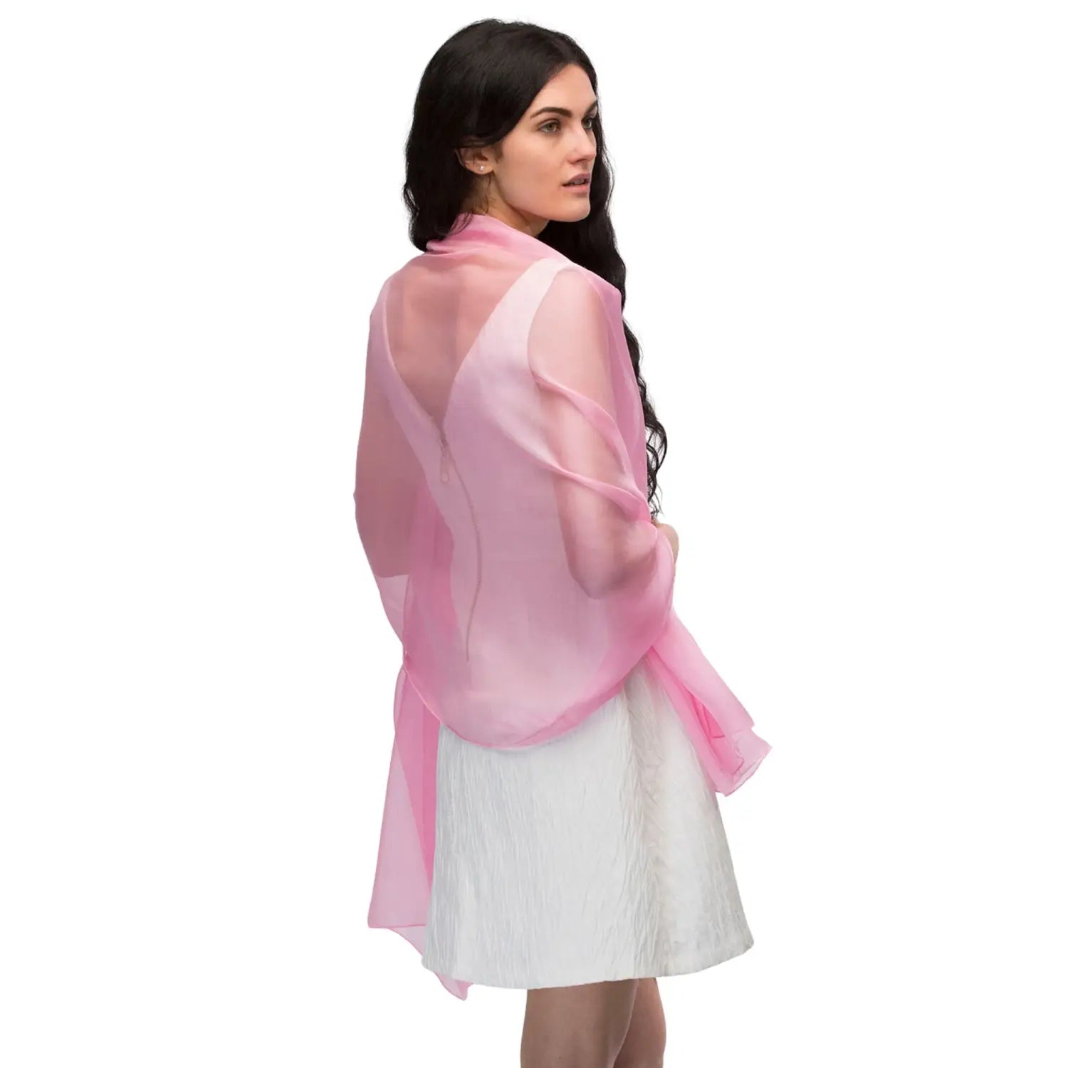 Woman in pink blouse and white skirt wearing Plain Chiffon Shawl Semi-Opaque - Versatile Scarf.