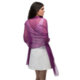 Purple chiffon shawl worn by woman, semi-opaque texture