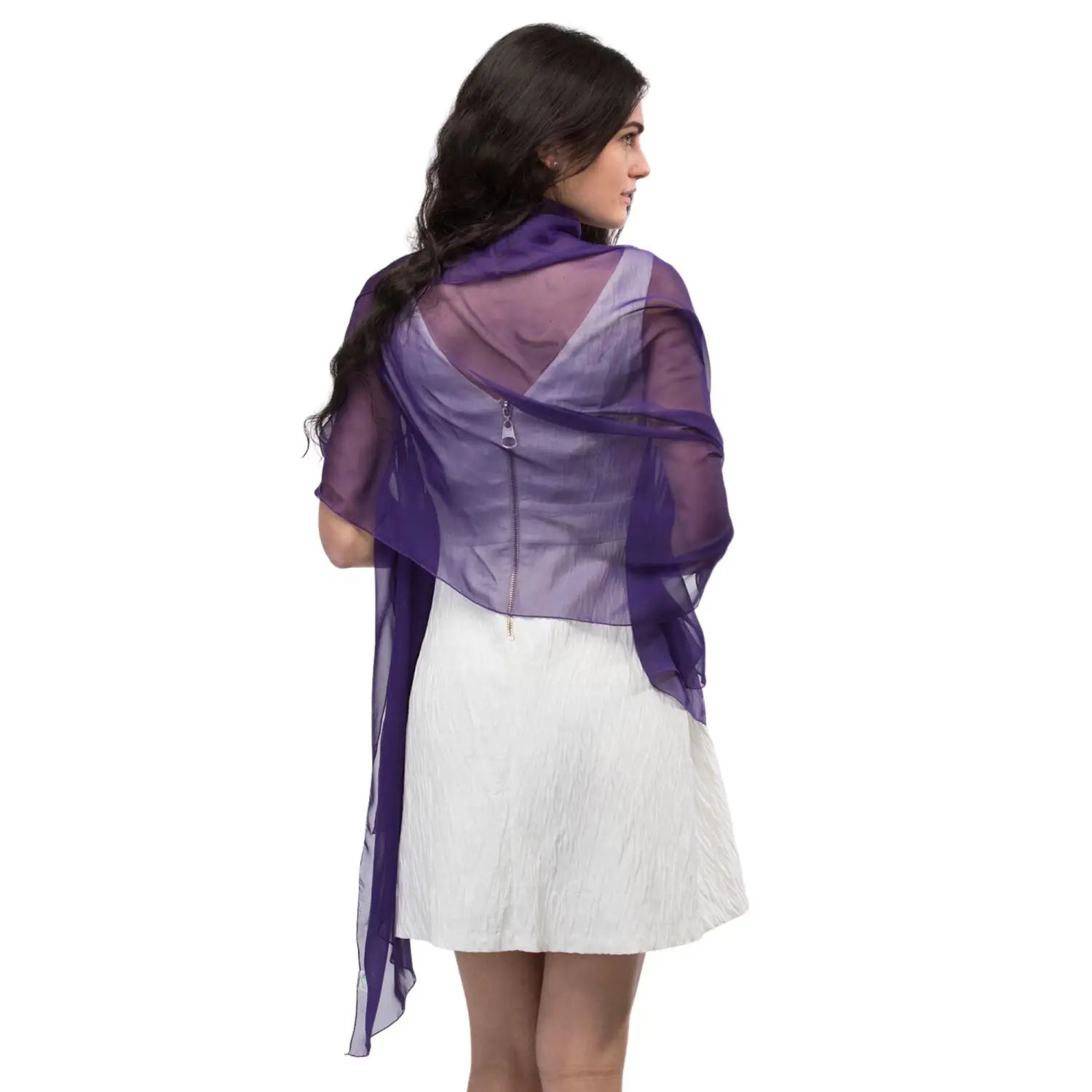 Woman wearing purple chiffon shawl from the Plain Chiffon Shawl Semi-Opaque - Versatile Scarf product