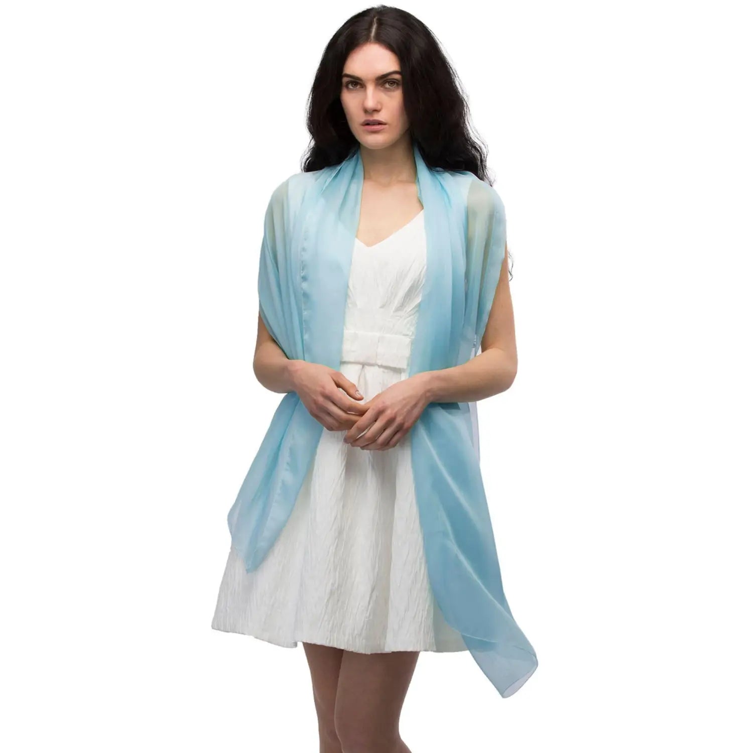 Woman wearing blue and white chiffon shawl, semi-opaque - Plain Chiffon Shawl