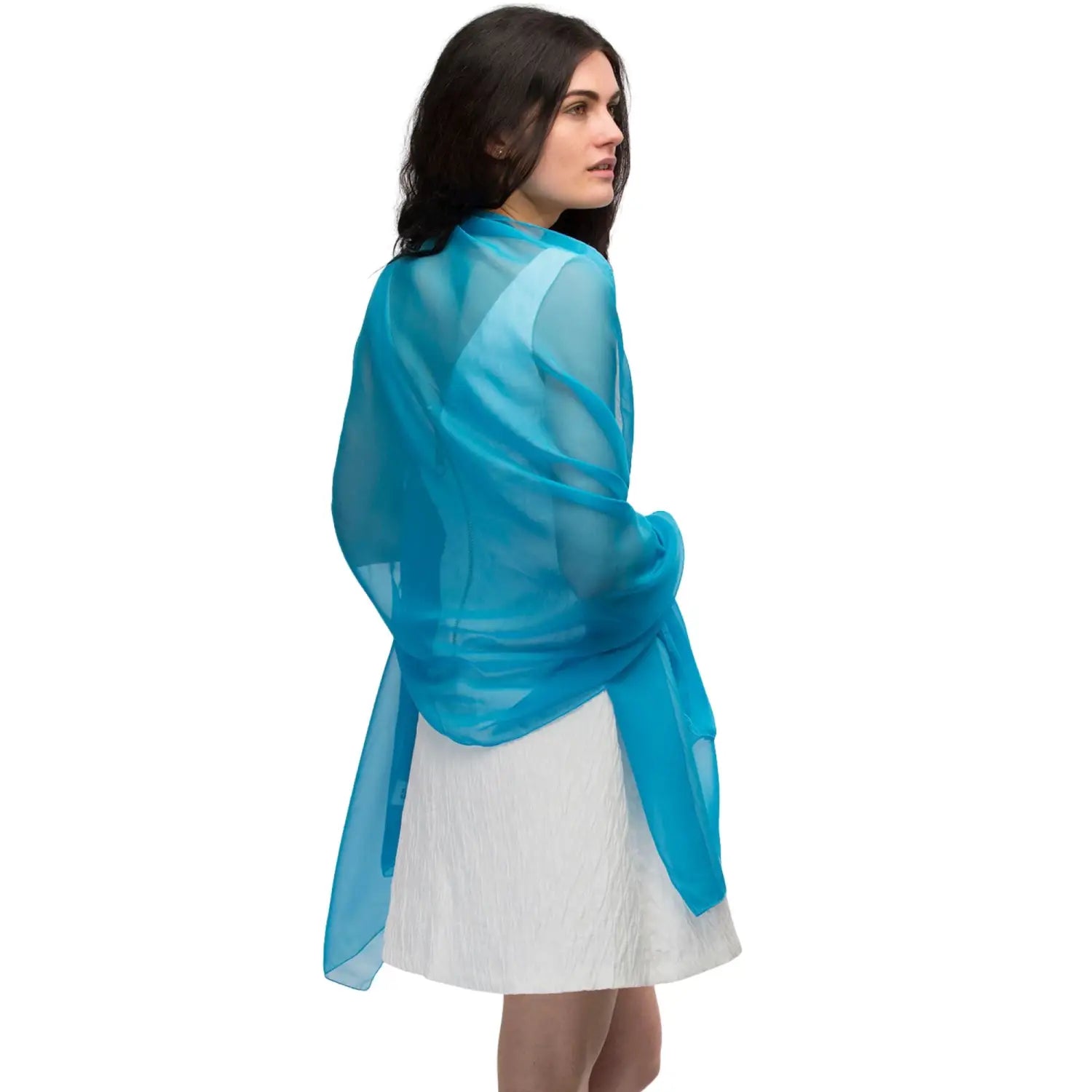 Woman wearing blue chiffon shawl from Plain Chiffon Shawl Semi-Opaque collection.