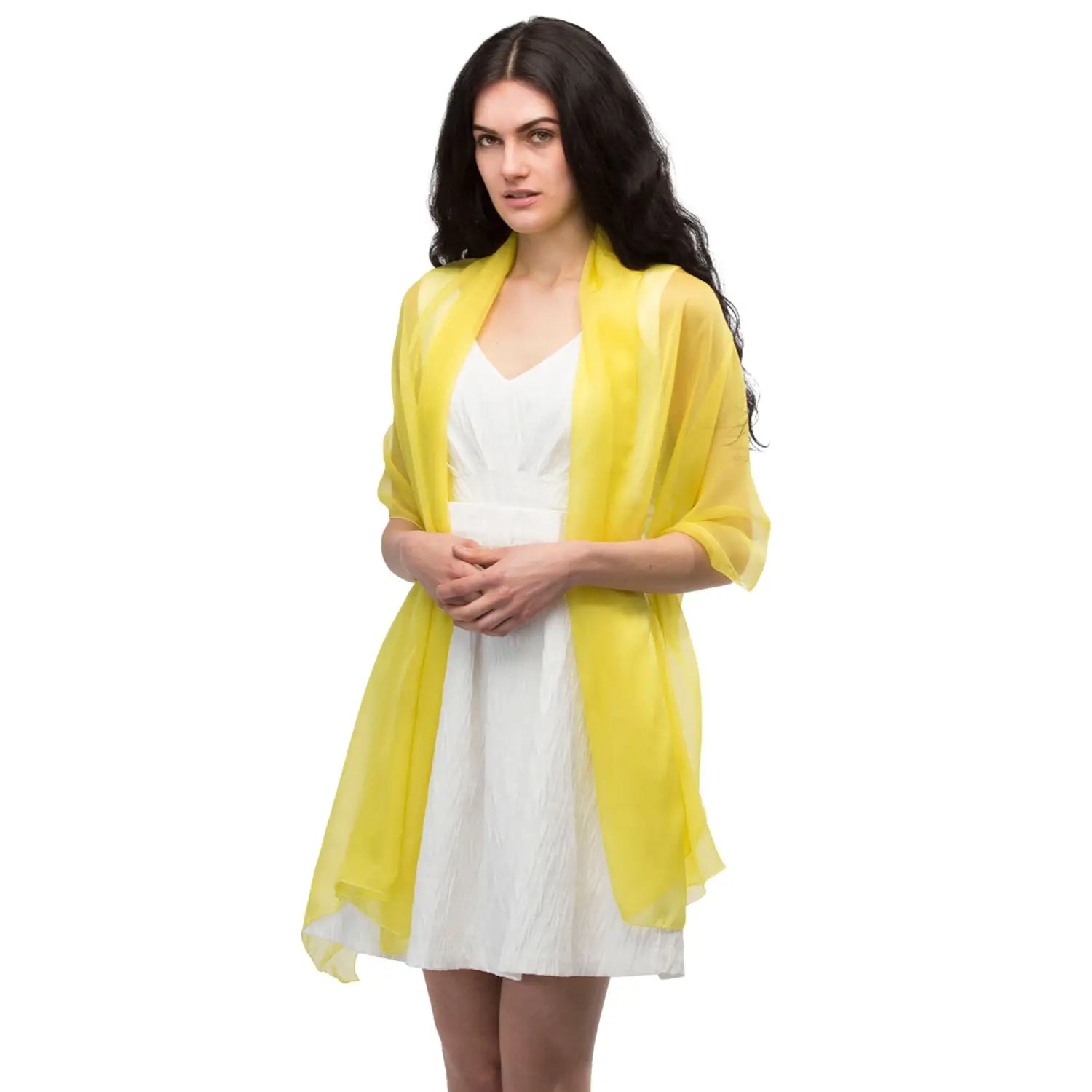 Woman wearing yellow chiffon shawl by Versatile Scarf