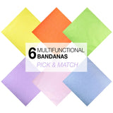 Close up of 6 multi functional plain cotton bandanas in various vibrant colors