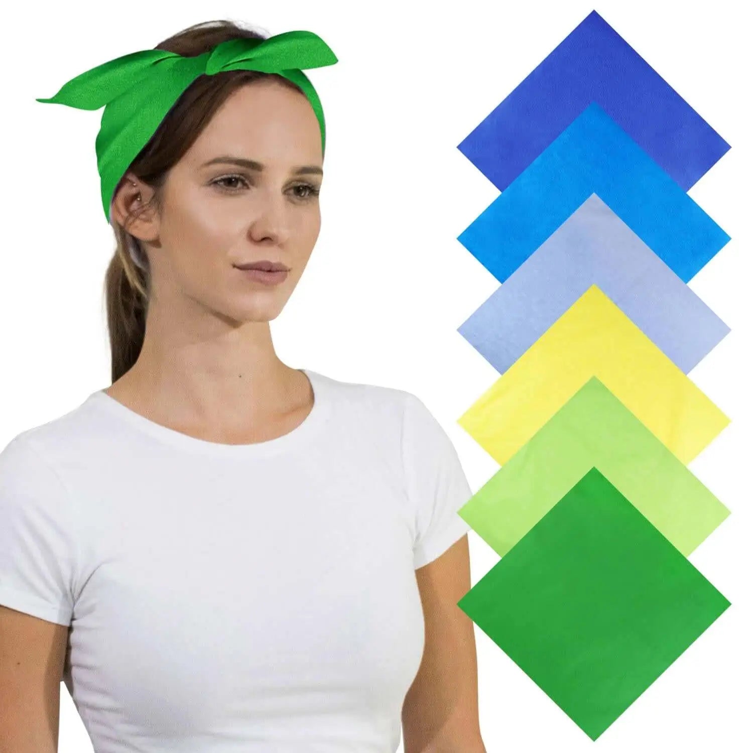 Woman wearing green headband and white shirt, Plain Cotton Bandana Set - 6PCS in solid colours