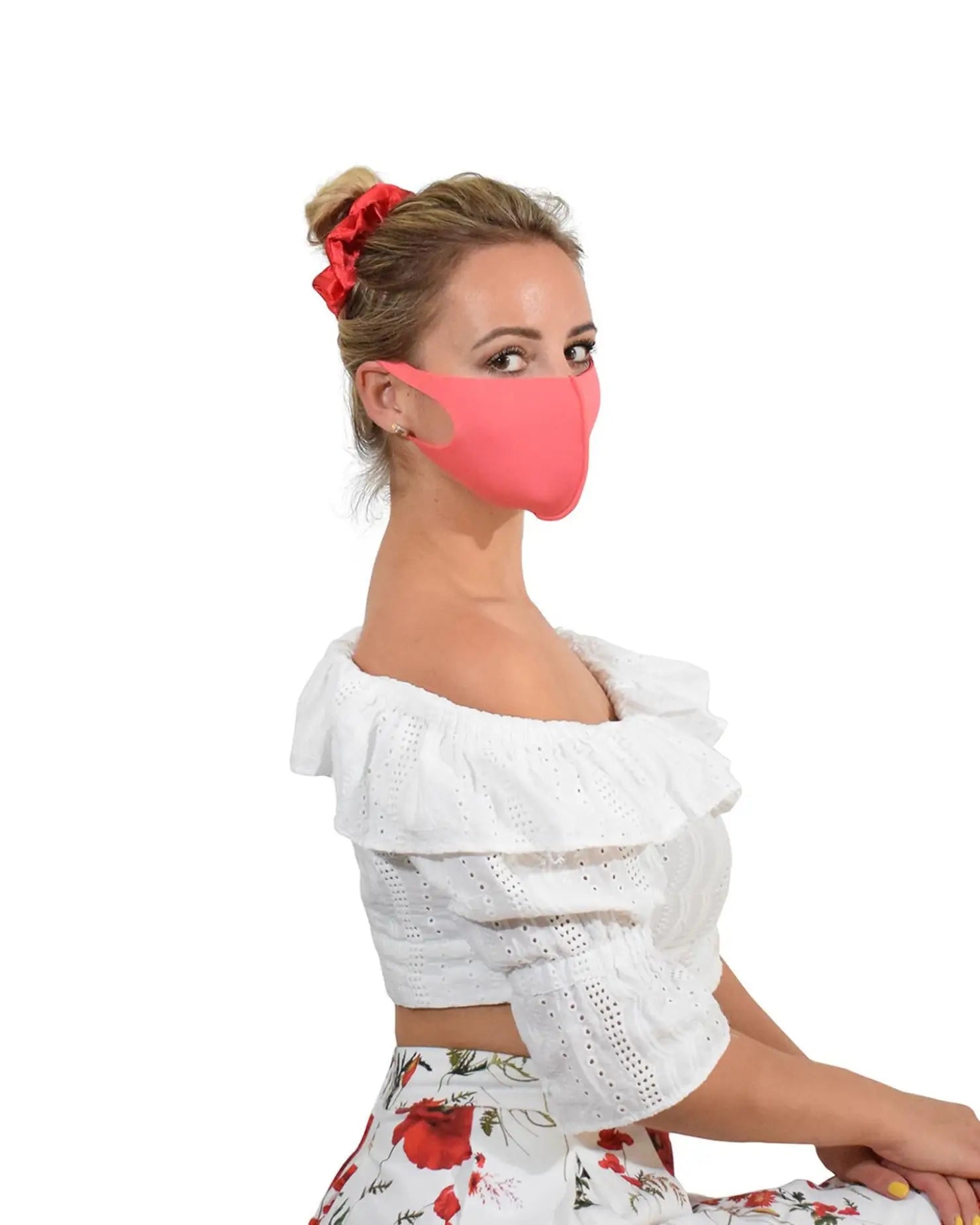 Woman wearing solid coloured face mask with flowers - Plain Reusable Thick Reinforced Fibre Face Masks