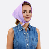 Woman wearing denim vest and purple scarf, featuring Plain Solid Bandana 100% Cotton Square Bandanna