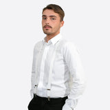 Man in white shirt and black pants wearing Plain Y-Shape Trouser Braces with 2.5cm width.