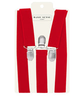 Red suspenders with silver buckle, 2.5cm width, plain Y-shape trouser braces