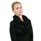 Woman wearing black sweater and jeans, featuring Pleated Ribbed Snood - Circle Tube Scarf.