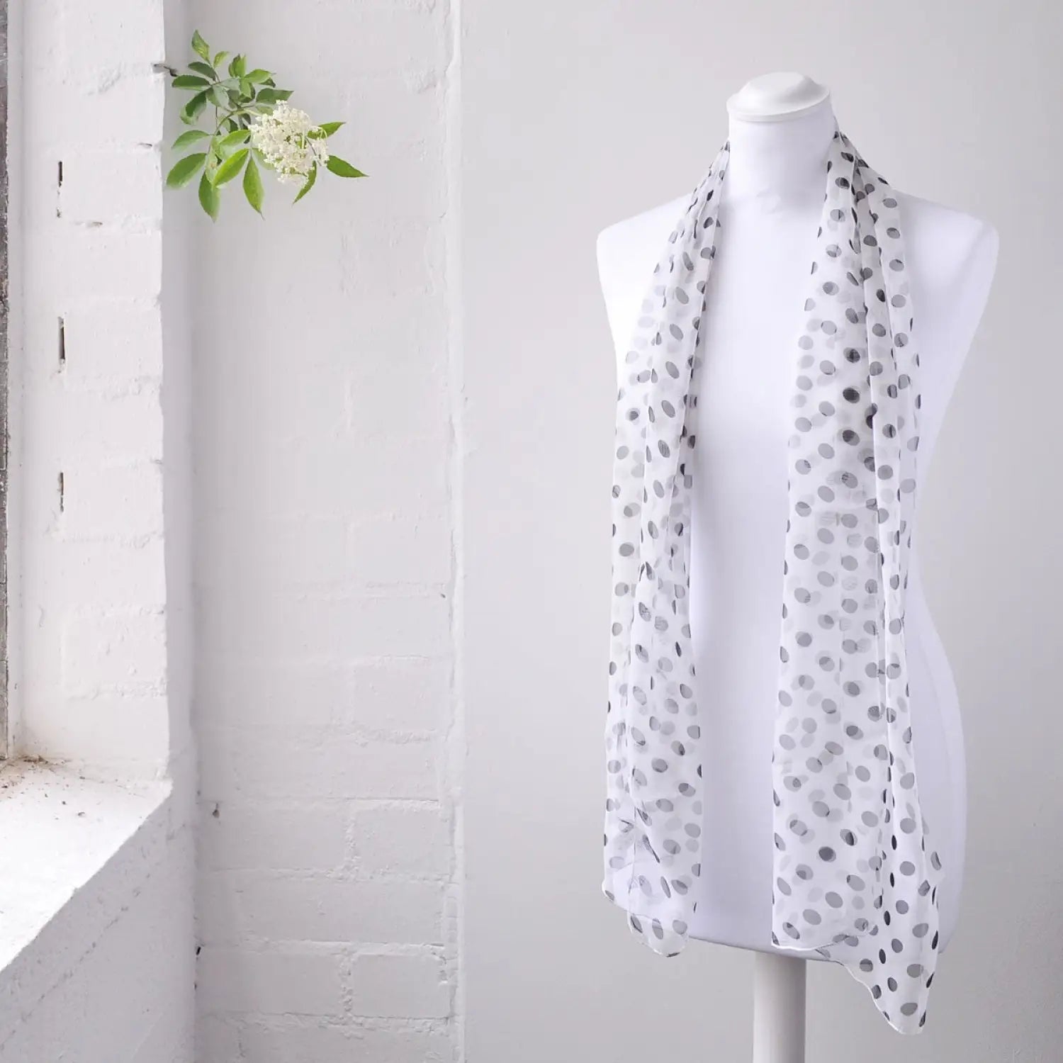 Polka Dot Chiffon Scarf on Mannequin: Classic 50s & 60s Style