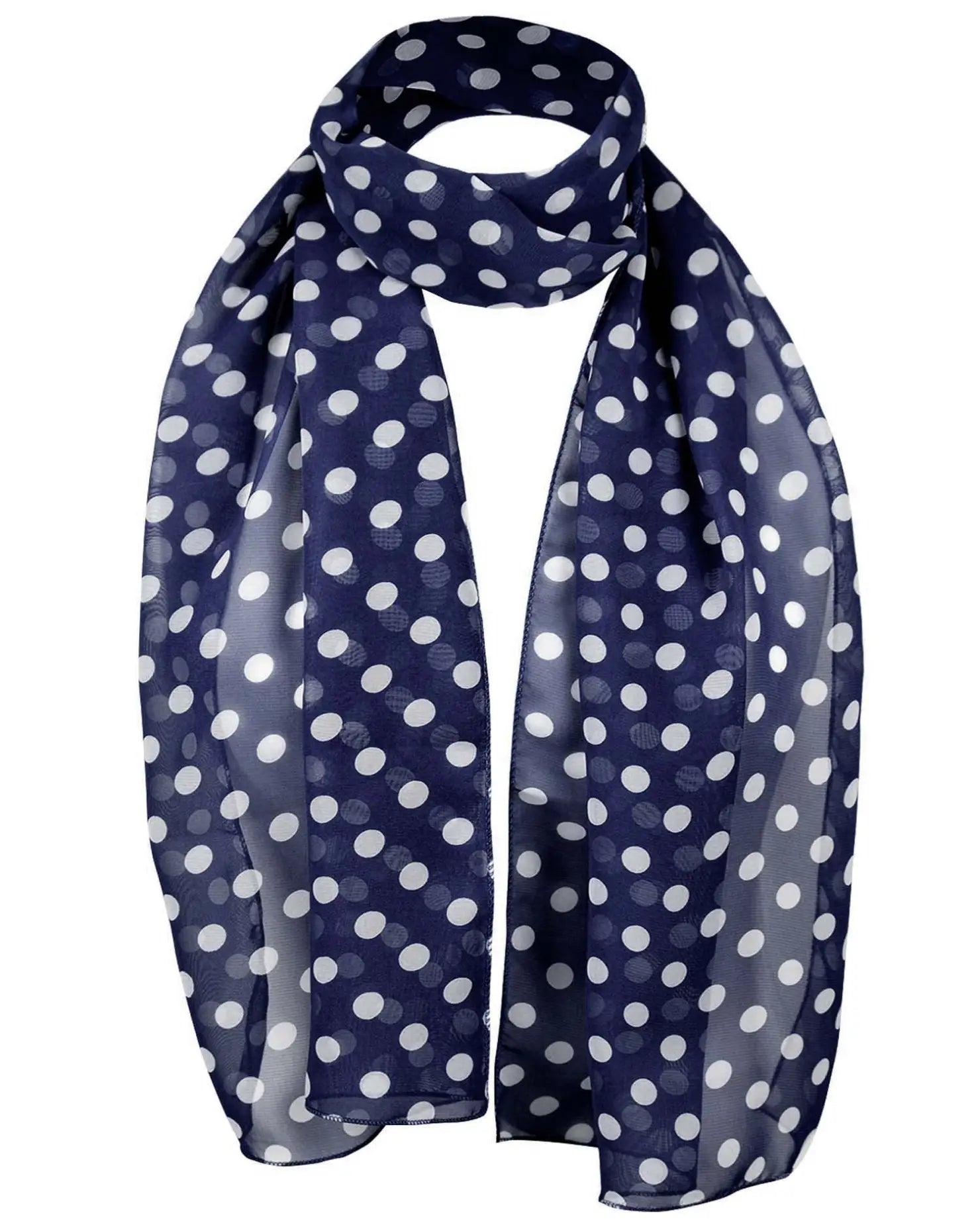 Polka dot chiffon scarf in navy and white pattern, reminiscent of classic 50s & 60s style
