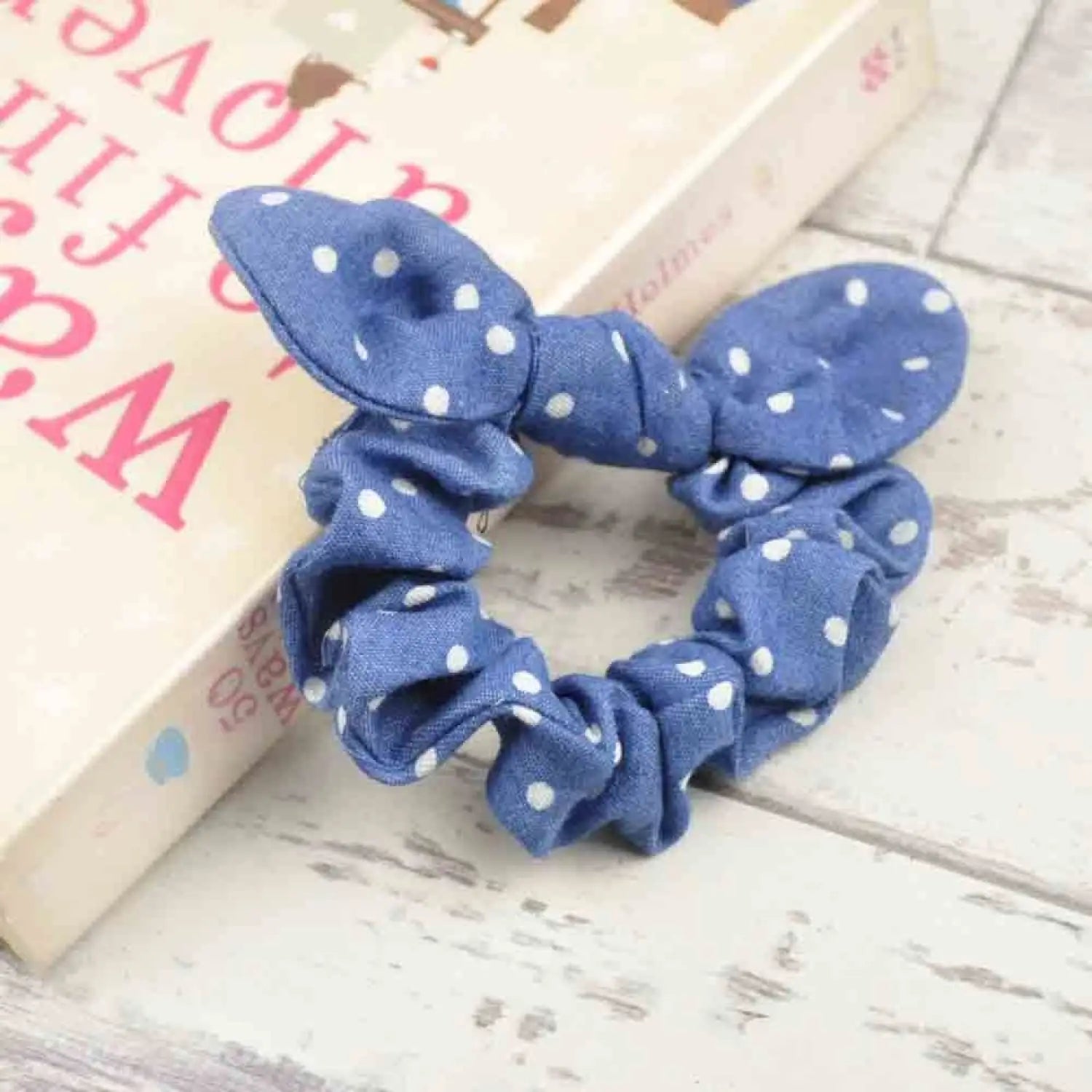 Blue Polka Dot Denim Textured Hair Scrunchies: Set of 2 for Girls