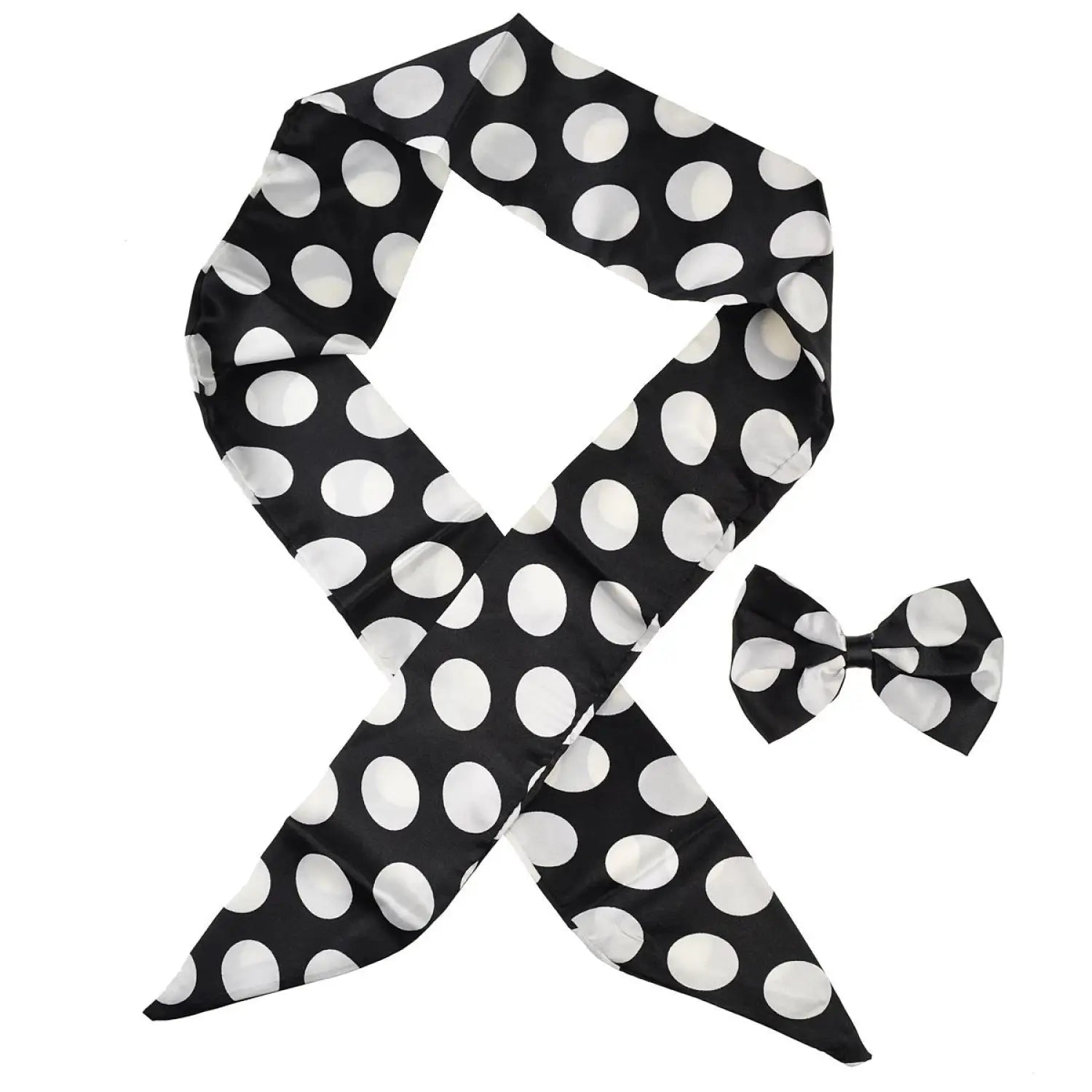 Polka Dot Satin Sash Scarf and Matching Hair Pin Set in black and white polka print with large bow