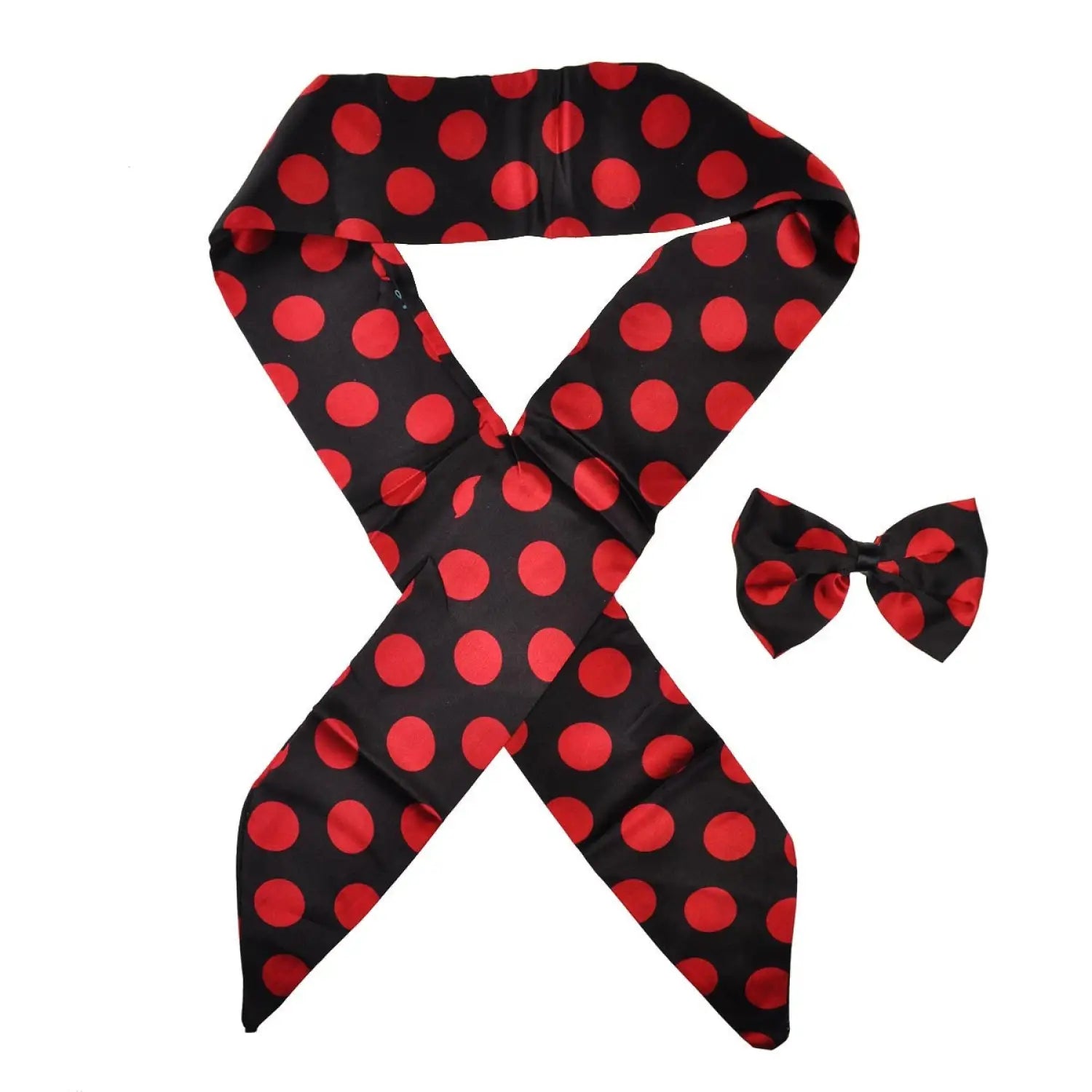 Red and black polka dot print scarf with matching hair pin set