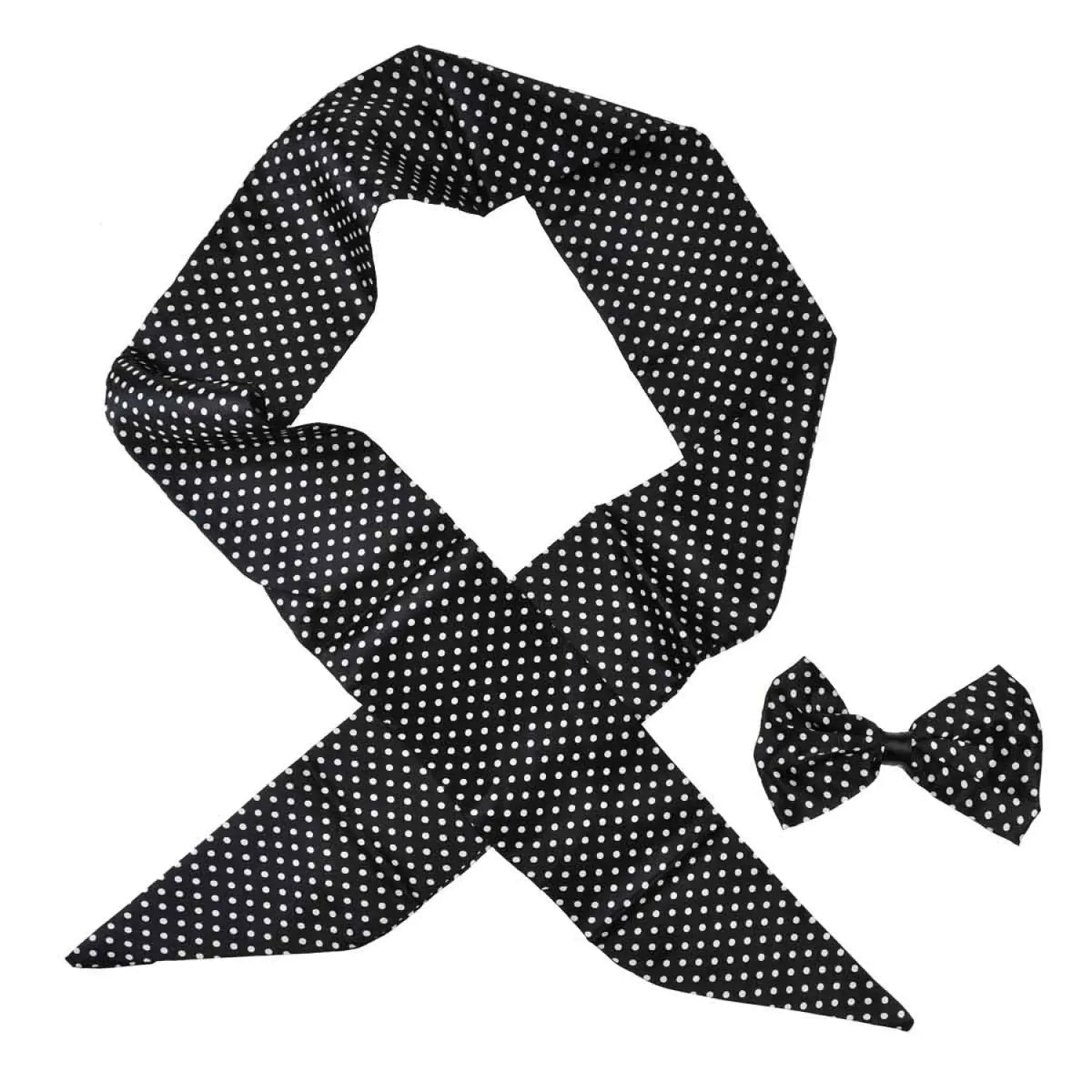 Black and white polka dot scarf and bow tie set for hair pin set in Polka Dot Satin Sash Scarf & Matching Hair Pin Set.