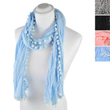 Pom Pom Edge Crinkled Fabric Long Neck Scarf in four colors on mannequin