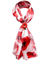 Red and white poppy floral print scarf displayed with gold plated ring set.