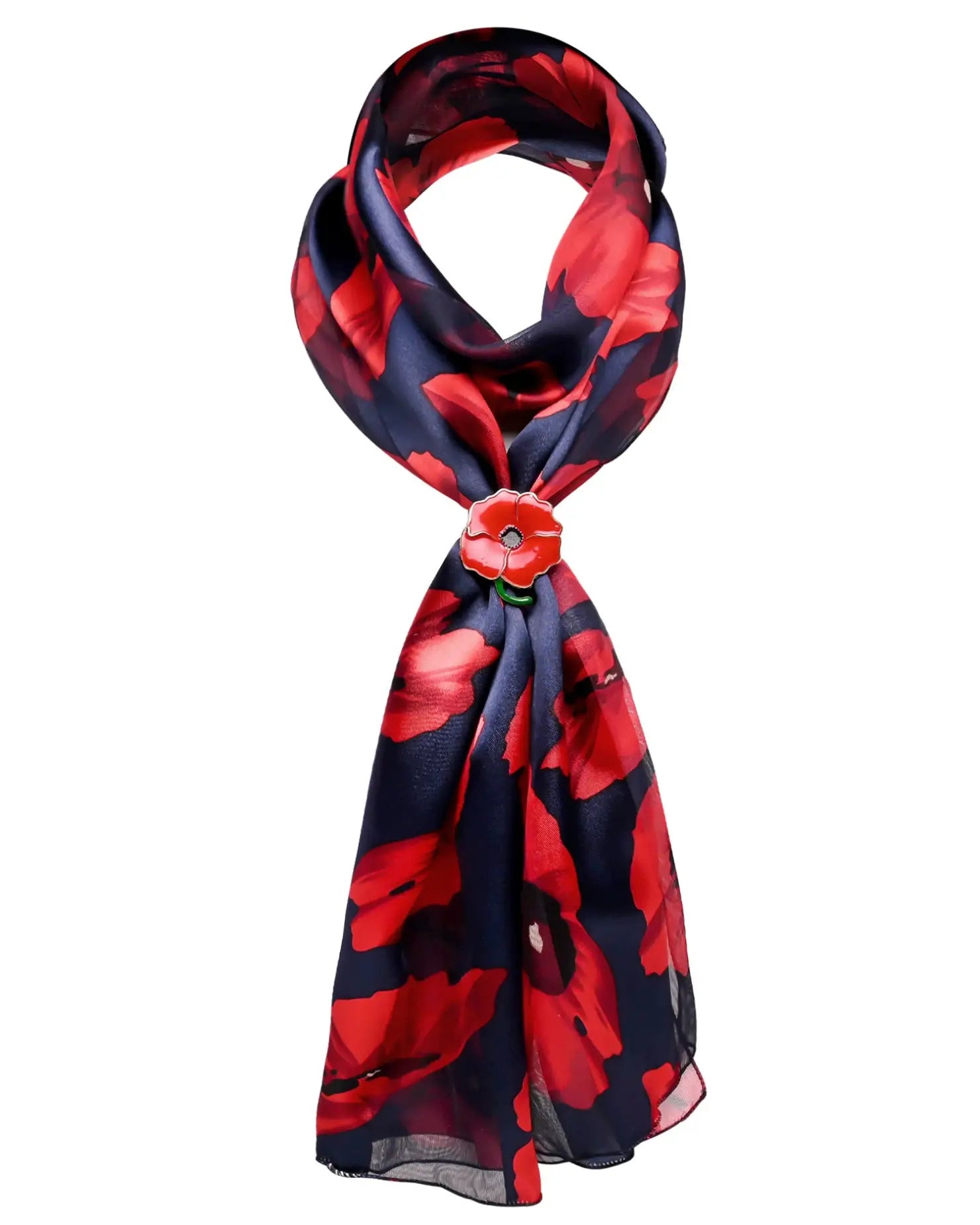 Red and blue poppy floral print scarf with flower design - part of a set with gold plated ring.