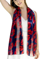 Poppy Floral Print Scarf & Gold Plated Ring Set - Woman wearing red and blue floral scarf
