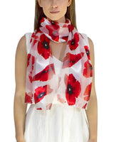 Woman wearing red and white Poppy Floral Print Scarf & Gold Plated Ring Set.
