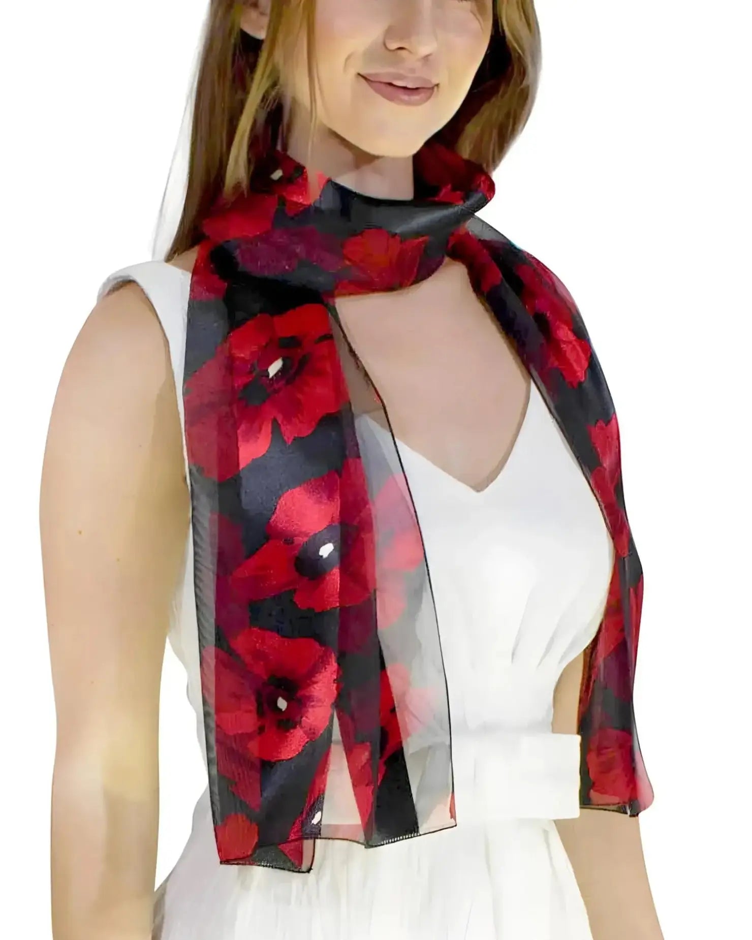 Woman wearing red and black poppy floral print scarf from Poppy Floral Print Scarf & Gold Plated Ring Set.