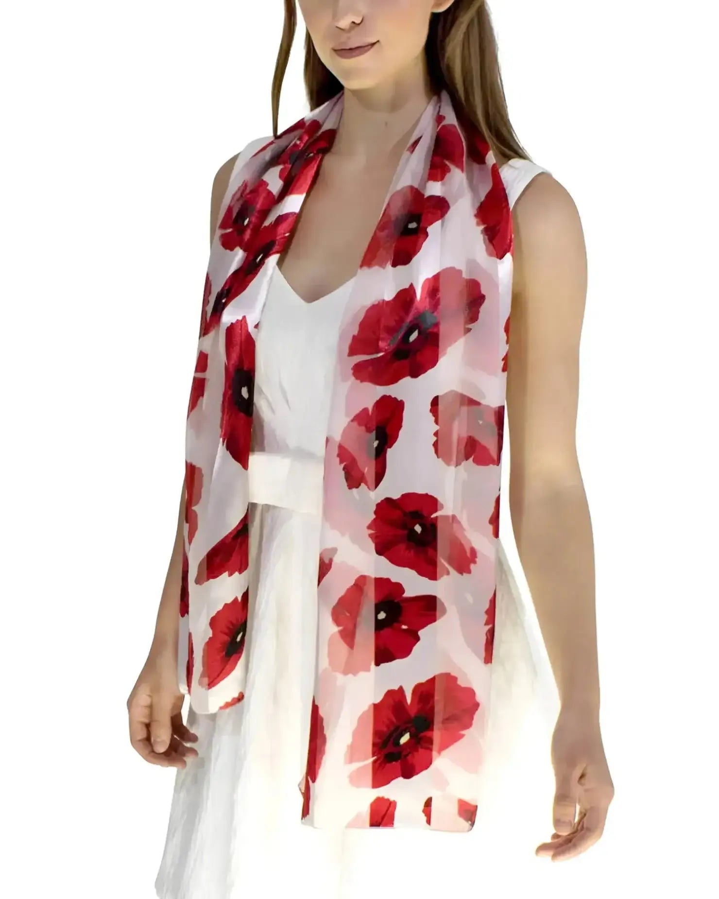 Woman in white dress with red flowers wearing Poppy Floral Print Scarf & Gold Plated Ring Set.