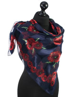 Poppy square scarf with floral print in navy and red